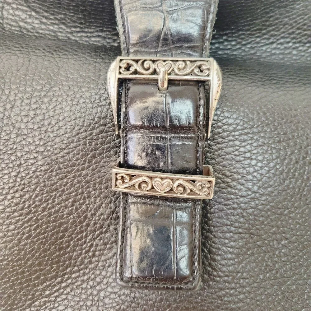 Brighton Black Pebbled Leather Shoulder Bag Croc Embossed Trim Silver Heart...